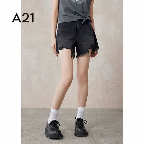 A21女装宽松高腰老爹牛仔短裤夏季美式复古风不规则设计感三分裤商品大图