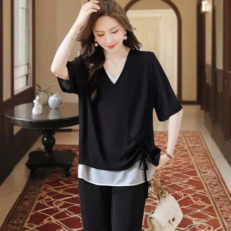 胖MM假两件简约短袖T恤女夏季新款大码气质上衣宽松显瘦遮肉小衫商品大图