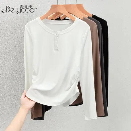优可丝圆领收腰正肩t恤打底衫女设计感纽扣T恤洋气显瘦长袖上衣薄图片