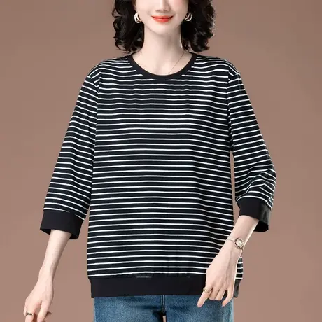 七分袖t恤女春夏季加肥加大码女装宽松中年妈妈纯棉条纹中袖上衣图片
