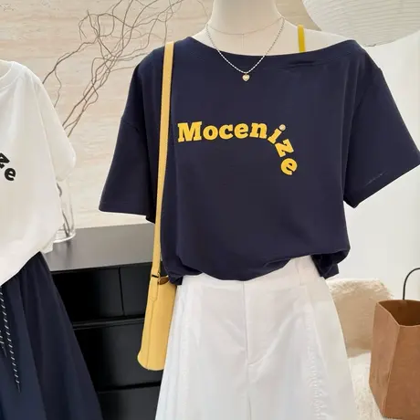 韩系设计感字母印花斜肩露肩短袖t恤女夏季新款气质显瘦小众上衣图片