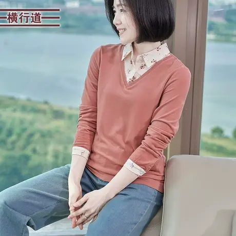 假两件衬衫领长袖上衣拼接打底衫翻领纯色女士小衫春装体恤内搭图片