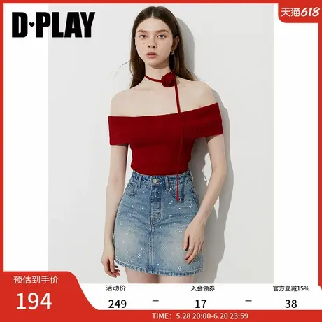 DPLAY2025年夏季新款红色上衣女莱赛尔独特一字肩修身短袖针织衫商品大图