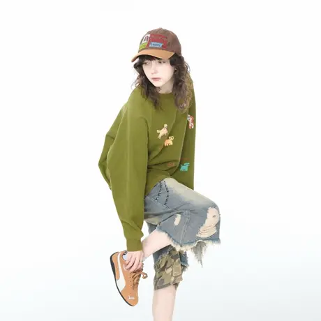 YEP美式复古卡通印花圆领卫衣女宽松休闲ins街头风情侣款套头上衣商品大图