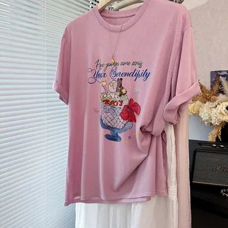 复古字母油画印花宽松大版雪花棉短袖T恤女薄 凉爽垂感粉紫色体恤商品大图