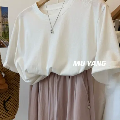 玫瑰花肩部刺绣 基础百搭白tee!凉感雪花棉薄款舒适短袖T恤上衣女商品大图