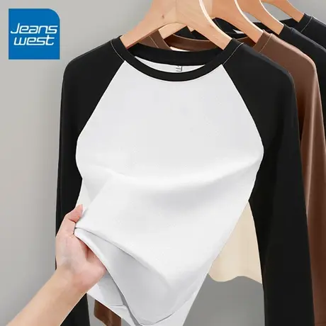 KV真维斯撞色长袖女t恤2025新款 春秋设计感插肩袖修身内搭上衣女商品大图