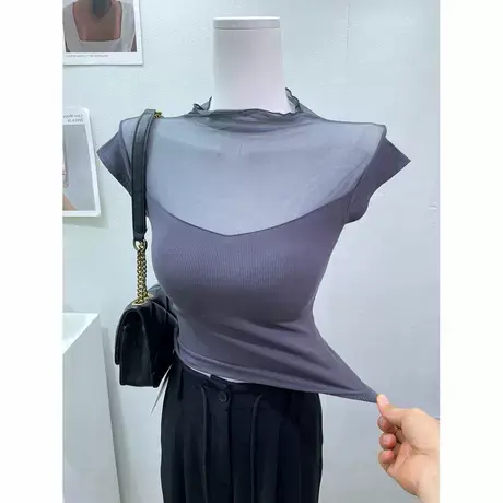 “氛围感女主”ins气质半高领网纱接拼短袖t恤女低胸性感打底上衣图片