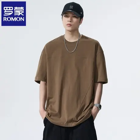 罗蒙高级感男款拼接圆领T恤夏季新款宽松简约纯色短袖外穿上衣N1Z图片