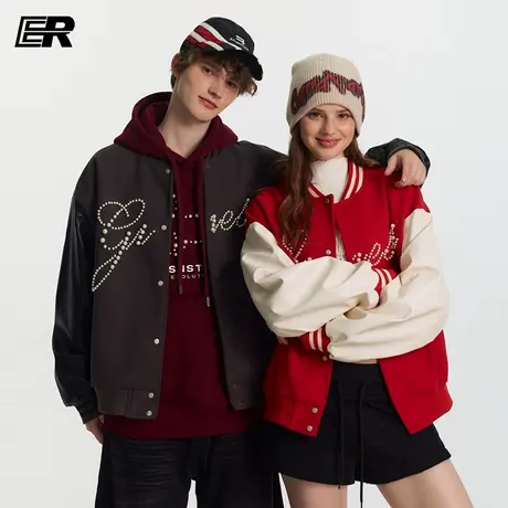 ER拼接撞色珍珠刺绣棒球领外套秋季美式复古宽松设计感小众情侣装商品大图
