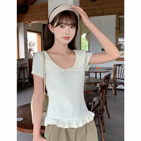 尔给T恤设计感娃娃领T恤女小个子时尚修身显瘦花边针织上衣图片