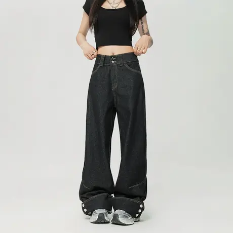 复古设计感黑色牛仔裤夏季新款潮牌美式阔腿裤街头小众拖地裤长裤商品大图