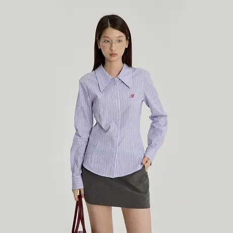 omont蛋挞家 复古条纹长袖衬衫夏季气质修身收腰显瘦衬衣上衣商品大图