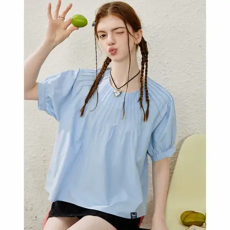 a02小众压褶圆领泡泡袖洋气减龄小衫夏季休闲个性女式衬衫商品大图