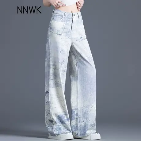 时尚水墨画印染扎染牛仔裤女2025年新款夏季薄款阔腿裤宽松直筒裤商品大图