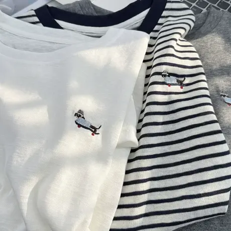 轻薄舒适竹节棉条纹短袖女t恤夏宽松慵懒风简约刺绣白色圆领上衣商品大图