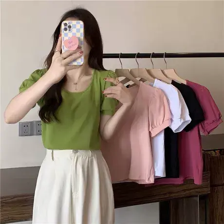 辣妹短款纯棉短袖T恤女夏季韩版修身打底衫内搭纯欲风泡泡袖上衣商品大图