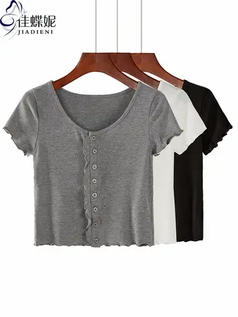 夏季新款韩版修身显瘦纯棉纯色荷叶边短袖体恤上衣内搭女打底衫商品大图