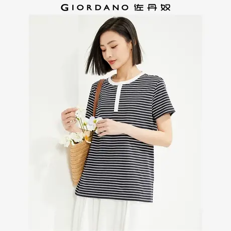 佐丹奴T恤女装纯棉针织撞色条纹亨利领短袖T恤 13324253商品大图