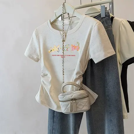 圆领正肩彩虹波点修身短袖t恤女新款夏季高级感短袖褶皱收腰上衣图片