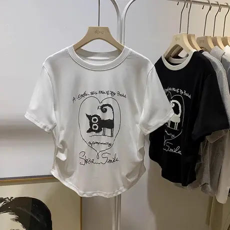 撞色拼接设计感小众短袖T恤女夏季宽松韩版短款褶皱收腰纯棉上衣图片