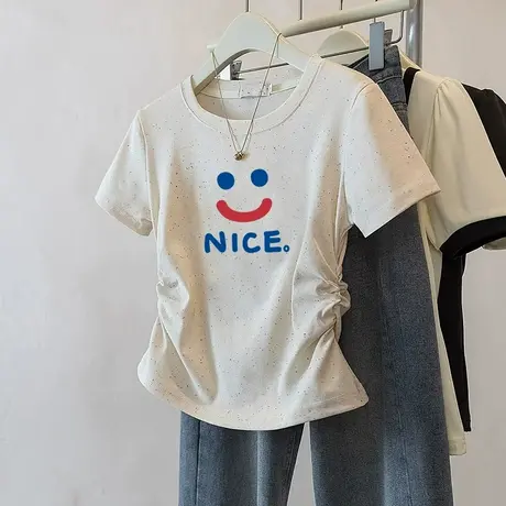 2025新款潮流褶皱短款收腰t恤女修身彩虹波点短袖减龄小个子上衣商品大图