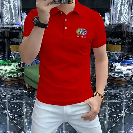 男士Polo衫2025新款轻奢男装半袖上衣合身型烫钻立体工艺红色T恤商品大图
