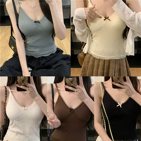 春季2025内搭蝴蝶结吊带背心女外穿纯欲蕾丝花边修身无袖短款上衣图片