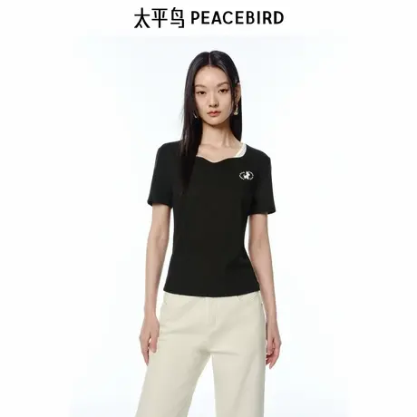 【来了就好】太平鸟 水滴领假两件撞色小狗短袖T恤短款修身上衣图片