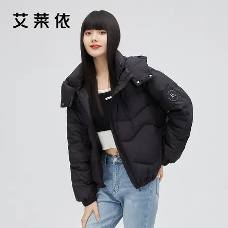 艾莱依2022年新款双拉链羽绒服女短款时尚设计感小众连帽秋冬外套图片