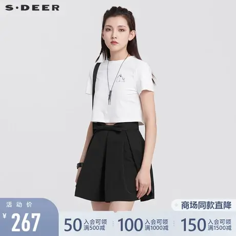 sdeer圣迪奥22夏装新品简约圆领撞色印花基本款白色T恤S222801B4图片