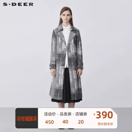 sdeer圣迪奥女装时尚翻领双排扣收腰印花长款风衣S21381823图片