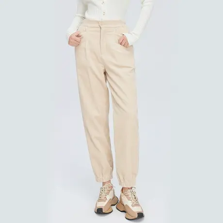 艾莱依休闲灯芯绒羽绒裤女秋冬新款保暖舒适下摆收缩宽松加厚长裤商品大图