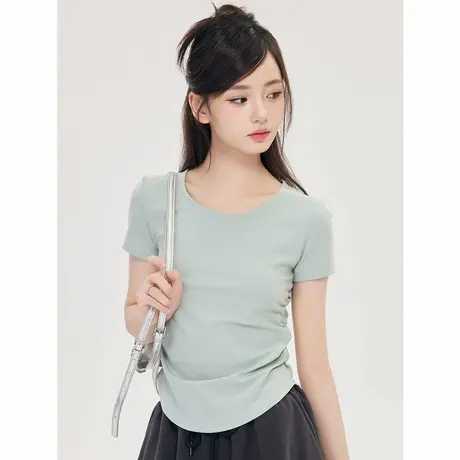 尔给夏季短袖T恤女2024新款小个子白色抽褶收腰短款设计感上衣图片