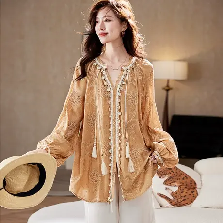 宝诗黎V领系带亮丝刺绣衬衫2025春季洋气波嬉风宽松棉质长袖衬衣图片