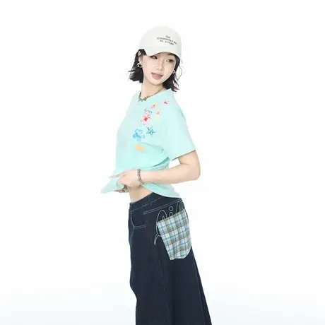 2025夏季潮牌新款正肩短款花朵印花短袖T恤女辣妹ins风甜酷上衣图片