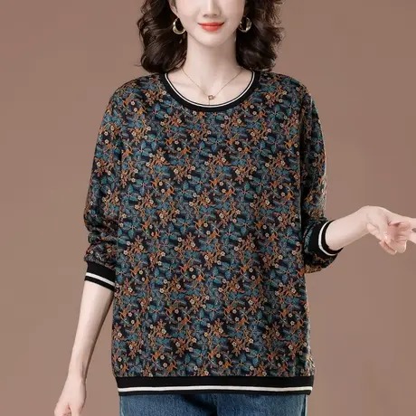 中老年妈妈春秋圆领长袖打底衫宽松加大码卫衣女洋气碎花T恤上衣图片