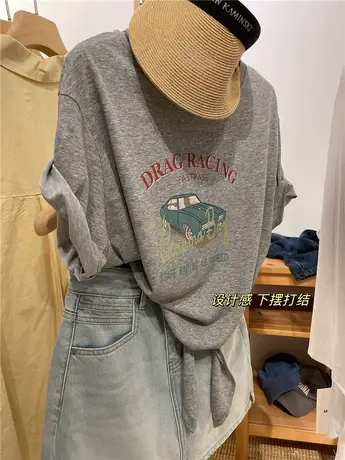 美式汽车印花 下摆抽绳宽松圆领套头短袖T恤女显瘦雪花棉上衣商品大图