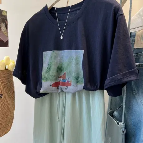 开汽车小兔子 韩系减龄凉爽舒适雪花棉百搭圆领套头短袖T恤女夏商品大图