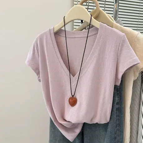 夏季2025新款薄款大领口V领短袖T恤女宽松韩版打底衫雪花棉上衣潮图片
