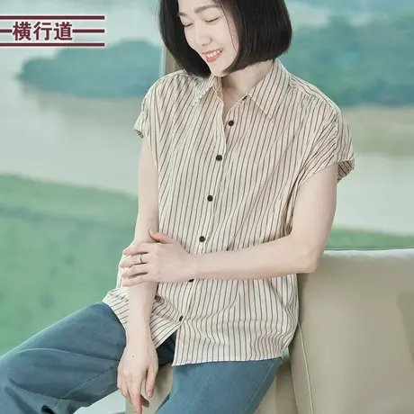 韩版竖条连肩袖翻领开衫短袖衬衫休闲衬衣2025夏装新款半袖女上衣商品大图