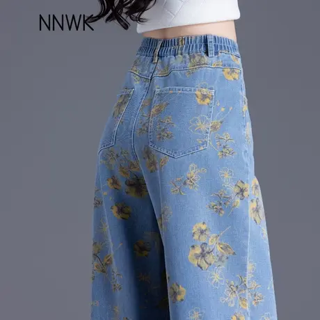 复古印花阔腿牛仔裤女2025新款夏季薄款高腰显瘦垂感直筒拖地裤子图片