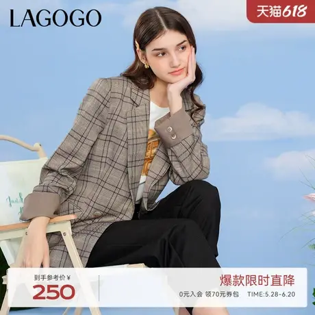LAGOGO复古格纹正肩西装外套拉谷谷春秋新品通勤气质西装外套女商品大图