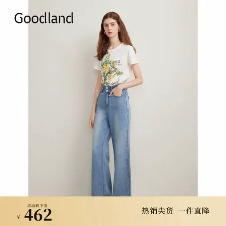 【真丝系列】Goodland美地夏季艺术印花T恤烫钻logo上衣图片