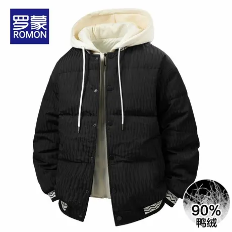 罗蒙冬季2025新款时尚假两件男士羽绒服短款连帽休闲百搭冬装外套商品大图