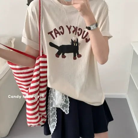 韩国2025夏季新款雪花棉卡通小猫印花短袖T恤女宽松百搭休闲上衣商品大图