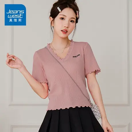 KP真维斯女装 2024新款百搭木耳边v领针织衫女修身显瘦短款上衣商品大图