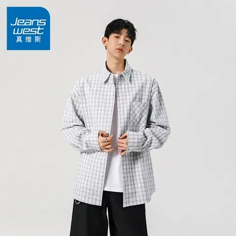 N5真维斯男士长袖衬衫2025秋季新款美式复古潮流男生休闲宽松衬衣商品大图