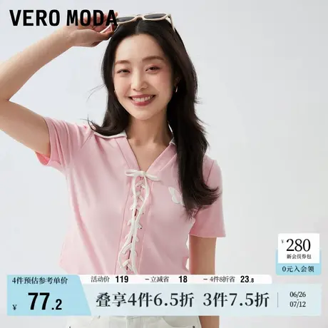 Vero Moda奥莱T恤女夏季清仓时尚百搭休闲polo领系带甜美短袖上衣商品大图