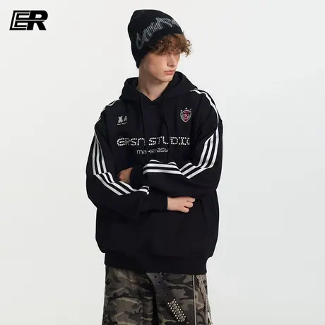 ER撞色条纹徽章珍珠字母重磅卫衣春秋美式复古潮牌设计感情侣帽衫图片